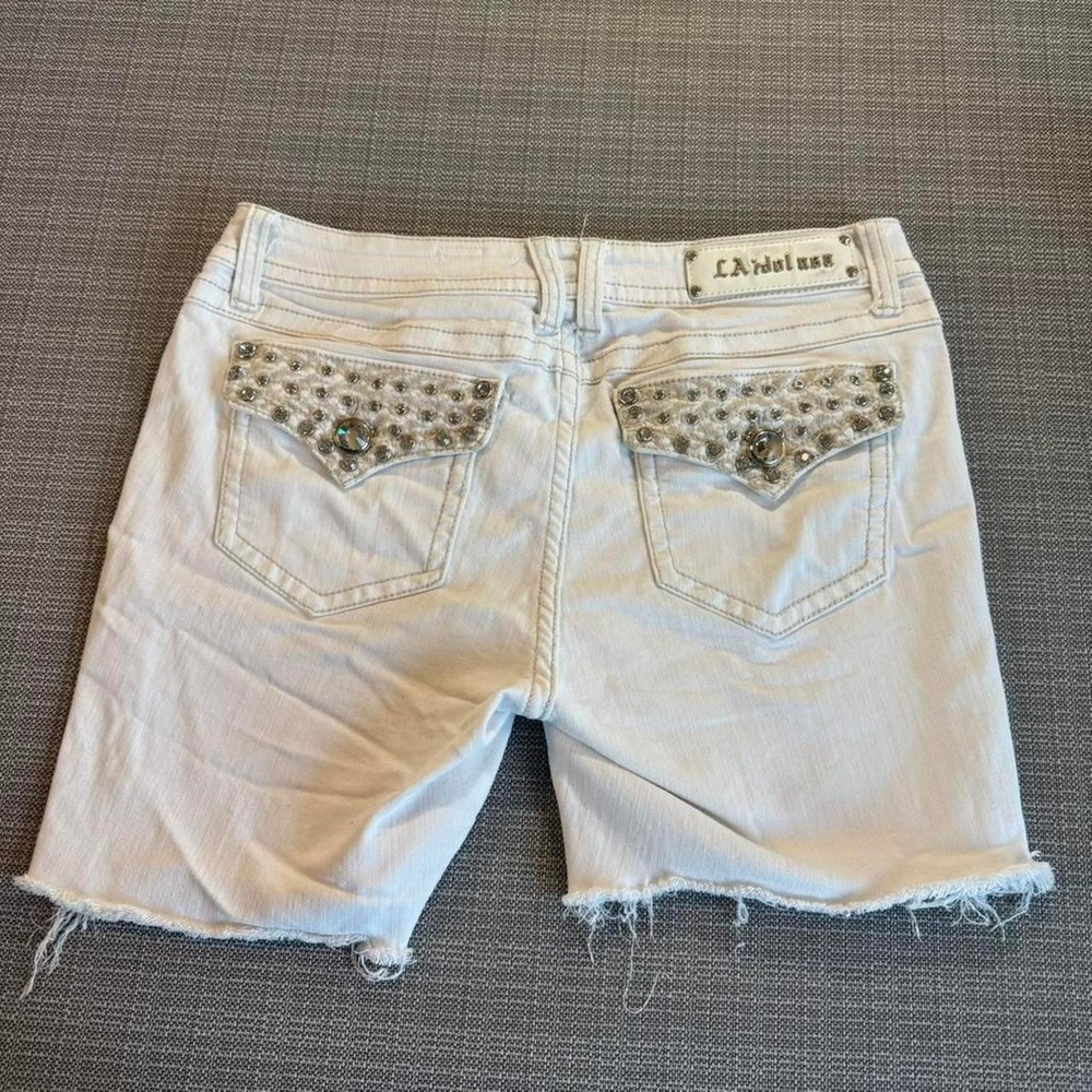 L.A Idol USA white denim biker shorts with rhinestone details